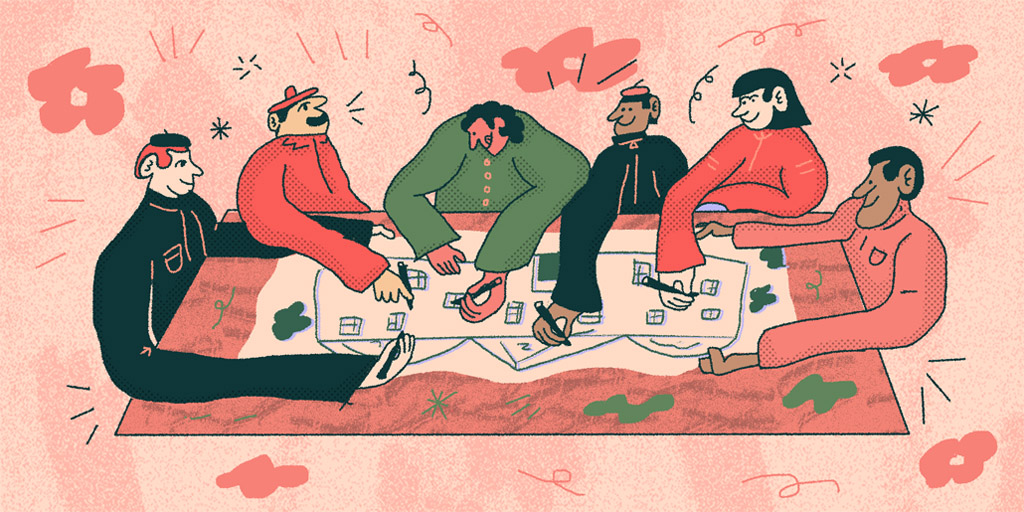 An illustration of six people sat around a table drawing a picture of a building together