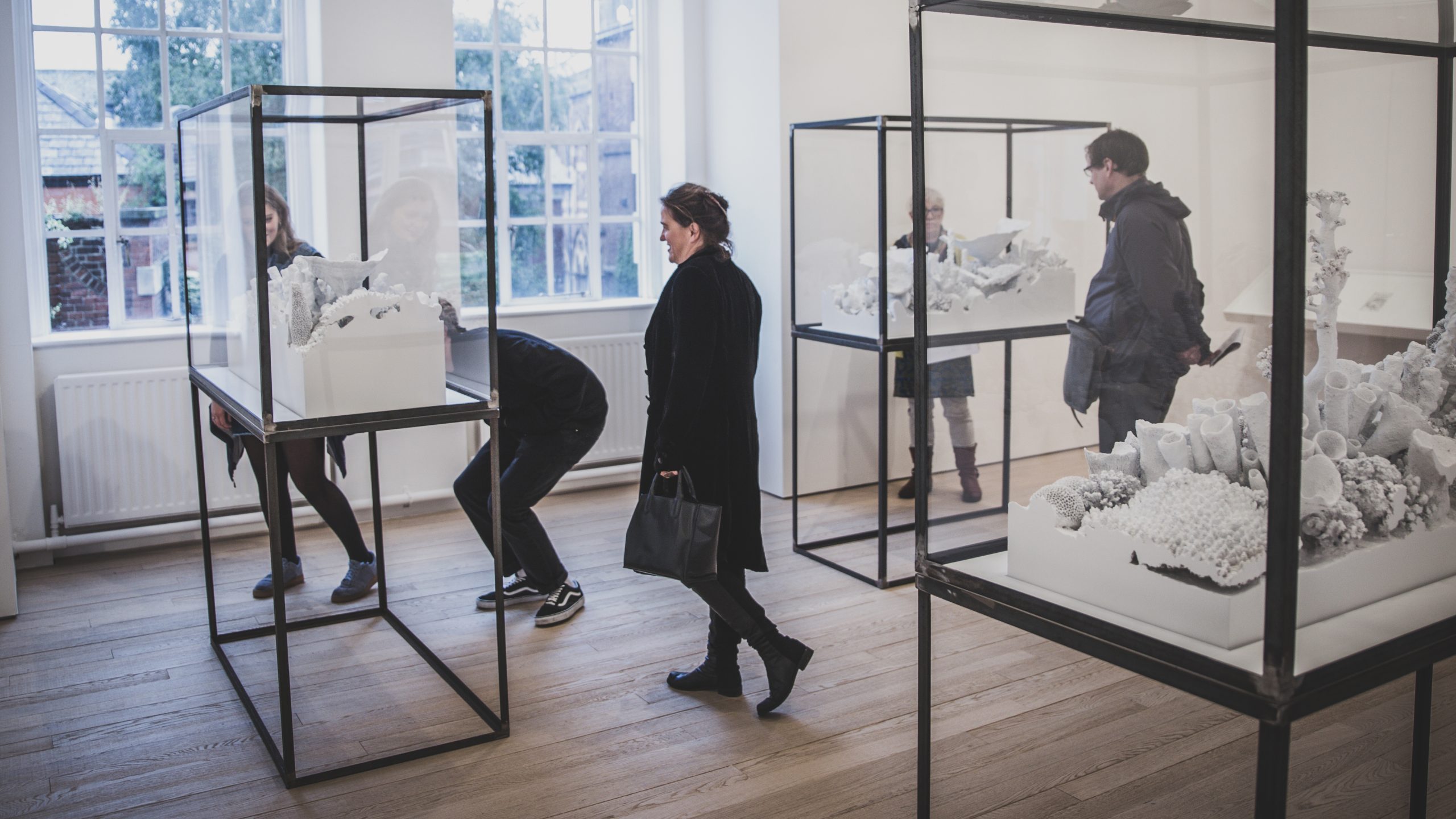 Photograph of people in Exeter Phoenix gallery looking at artwork in glass cases