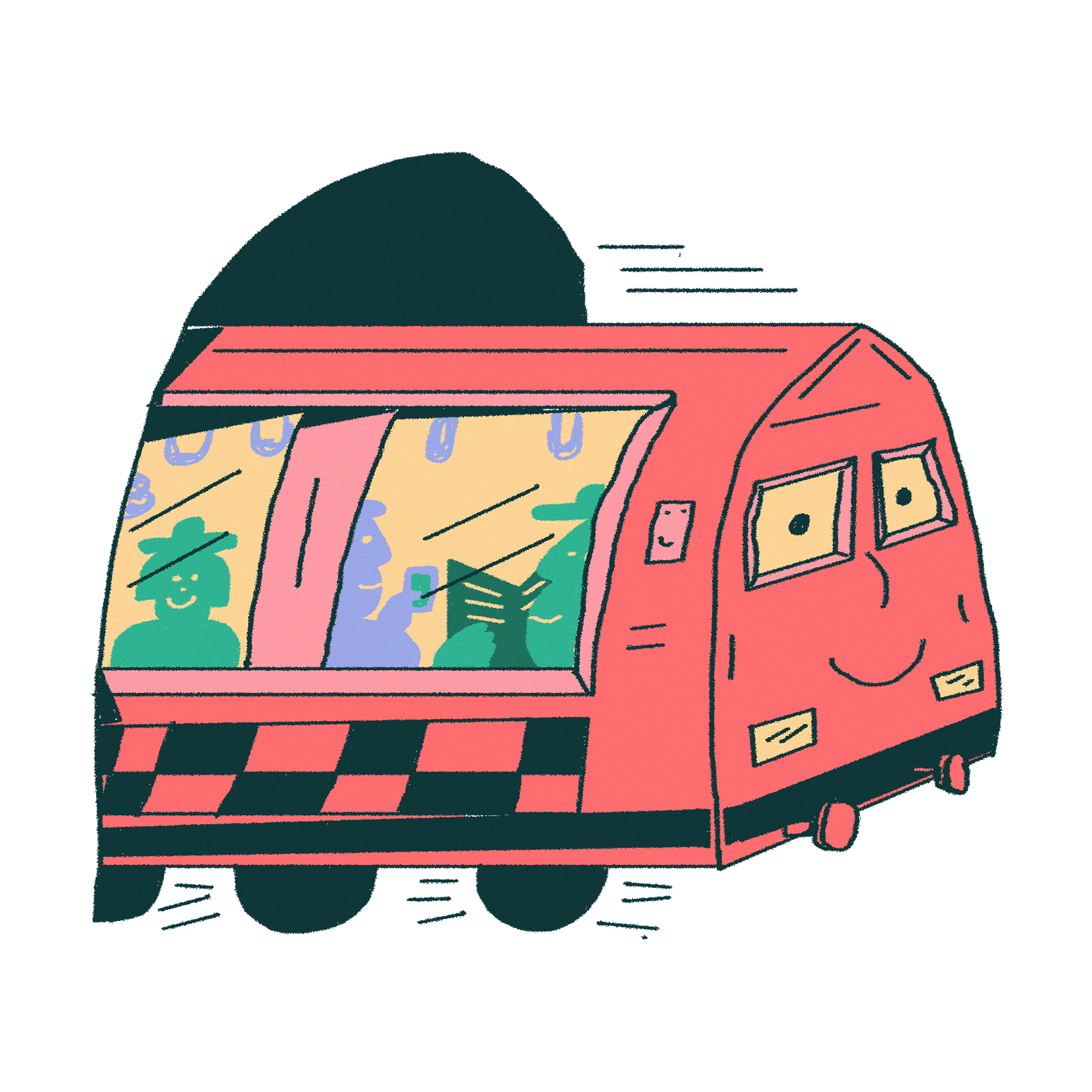 Illustration of a pink, smiling train