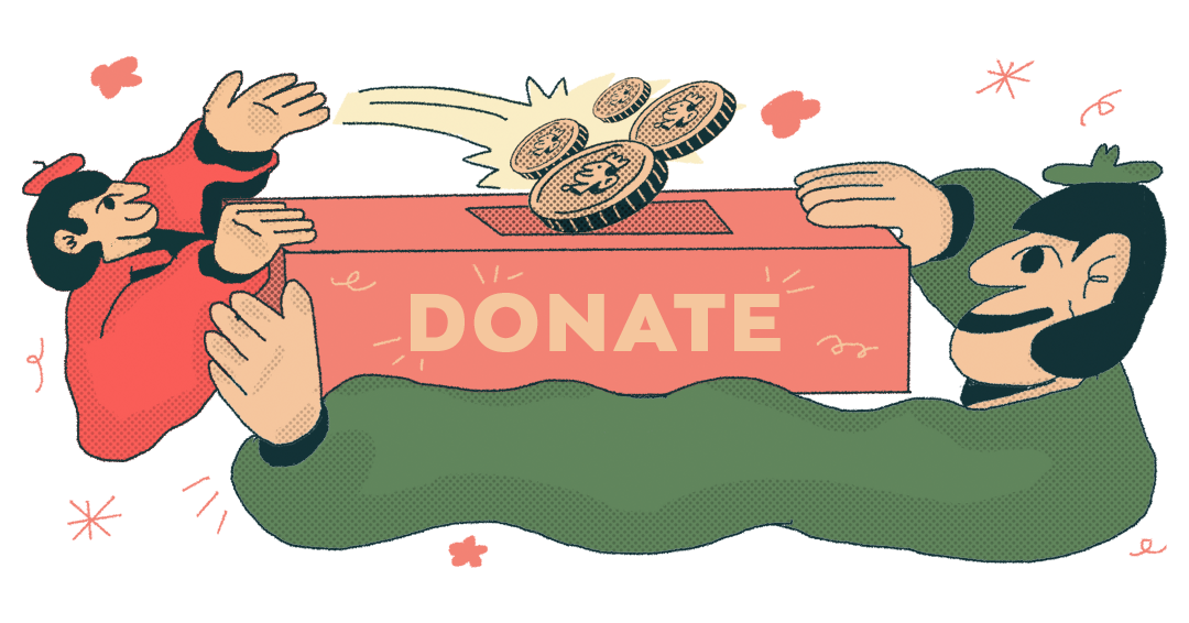 An ullustration of two people putting coins into a donations box