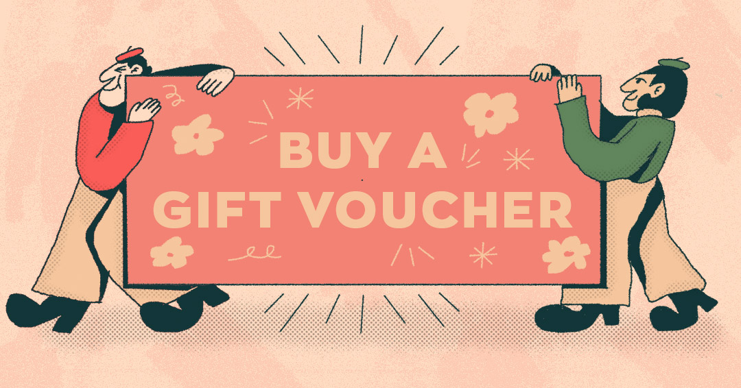 2 illustrated men carry a sign reading 'buy a gift voucher'