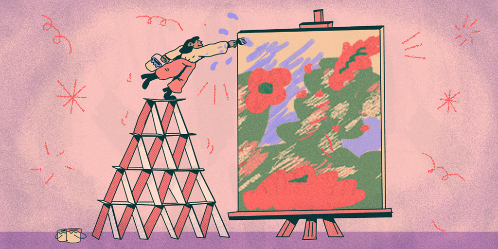 An illustration of an artist standing atop a house of cards to finish a painting