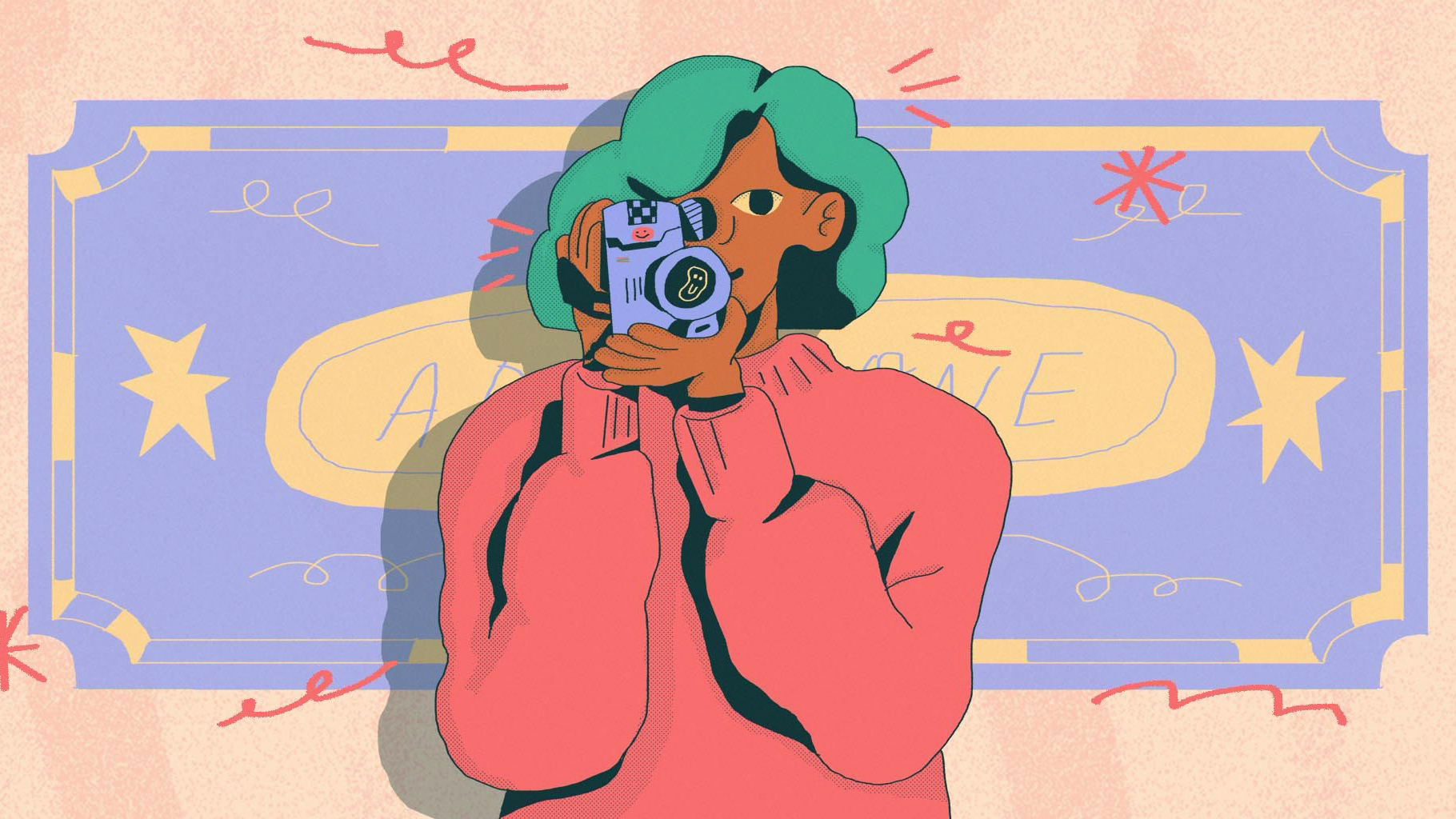 Illustration of a woman holding a camera to her face and filming