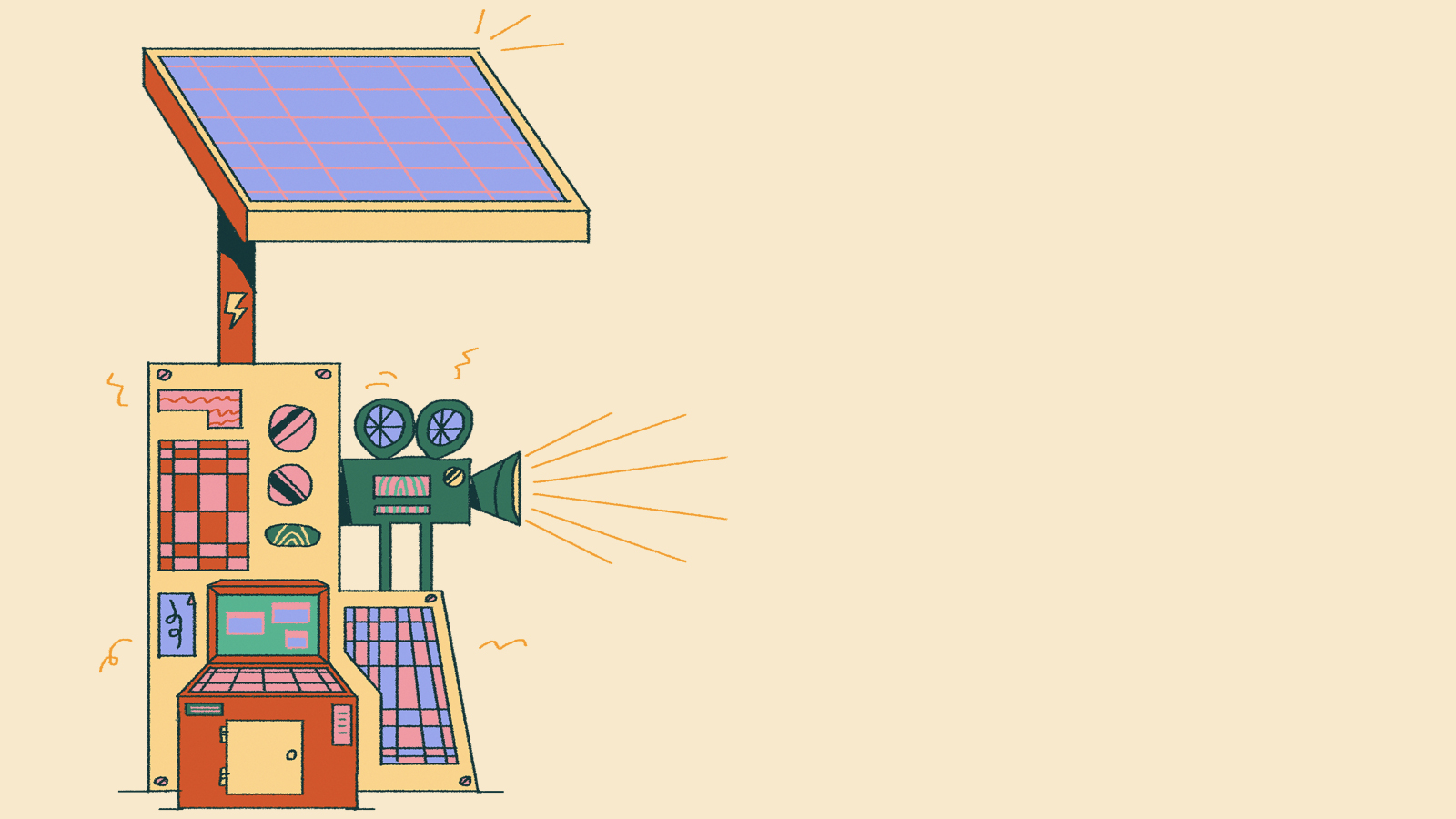 An illustration of a solar panel over a film projector