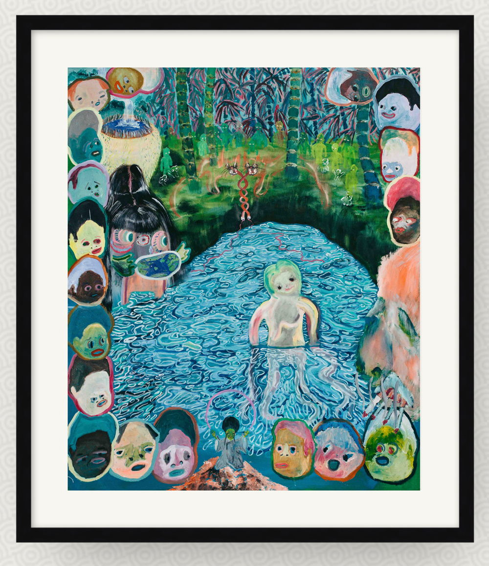 A framed painting. A pale white human figure is in a blue lake in front of a forest. The edge of the print is lined with around 20 disembodied heads.