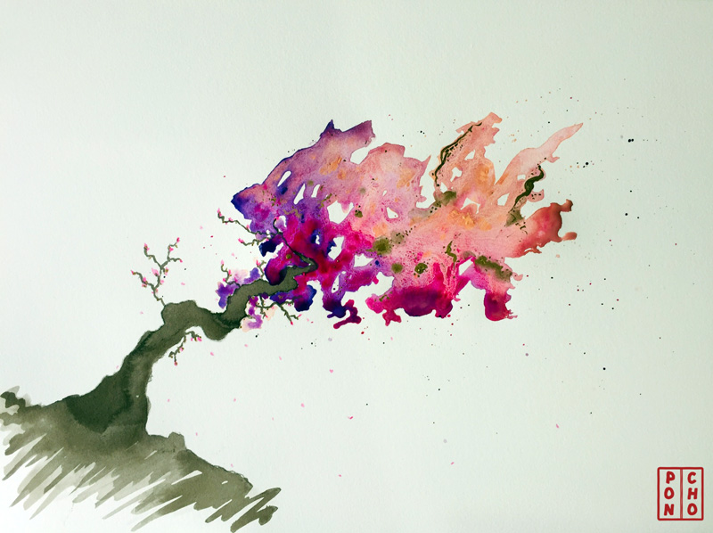 A painting of an abstract blossom tree, leaning heavily to one side