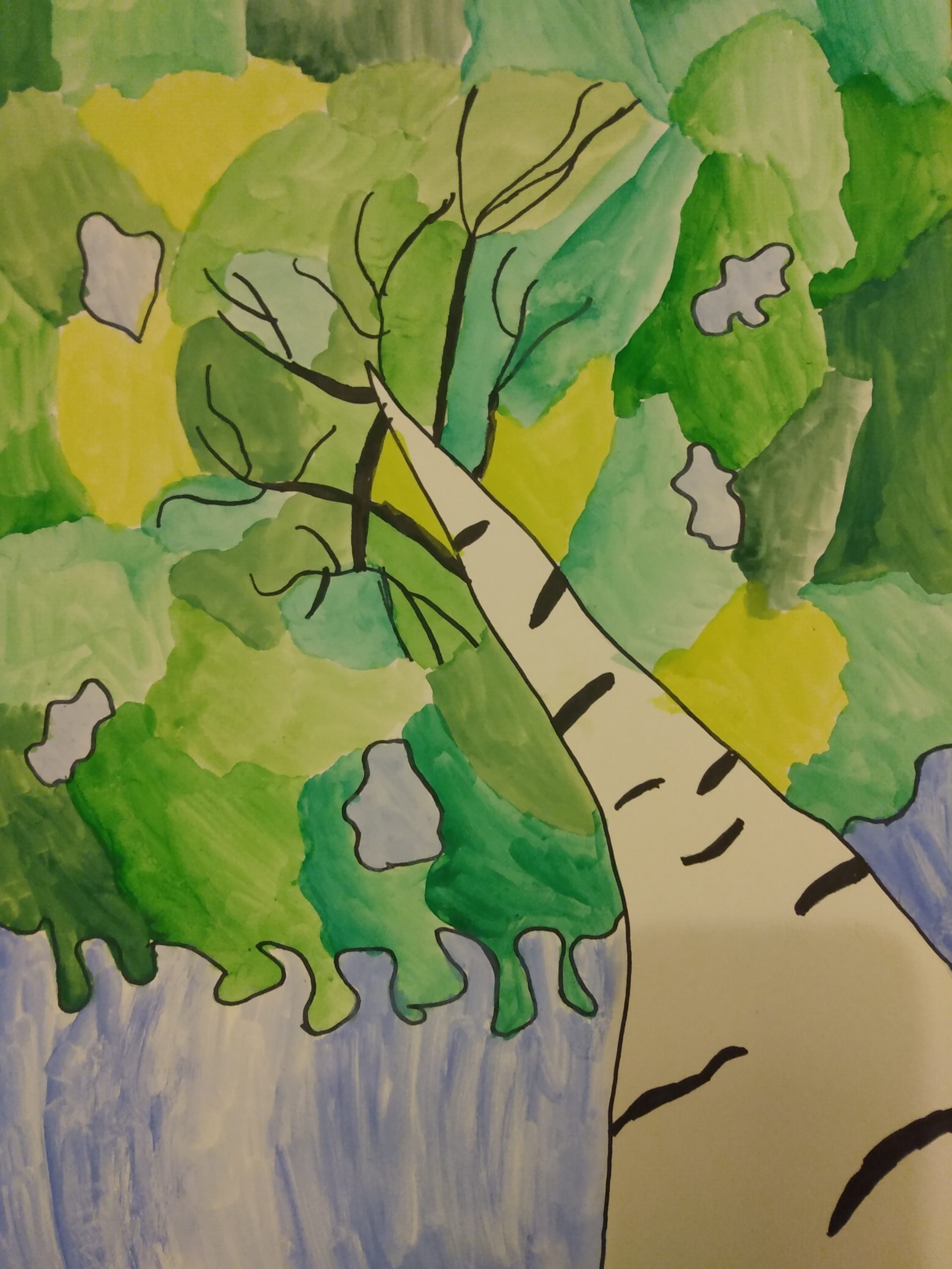 A drawing which situates the viewer at the bottom of a tall tree, looking up. From the small black lines on the beige trunk, it could be a birch tree. The leafy part of the tree covers many different shades of green and the background is blue and white.
