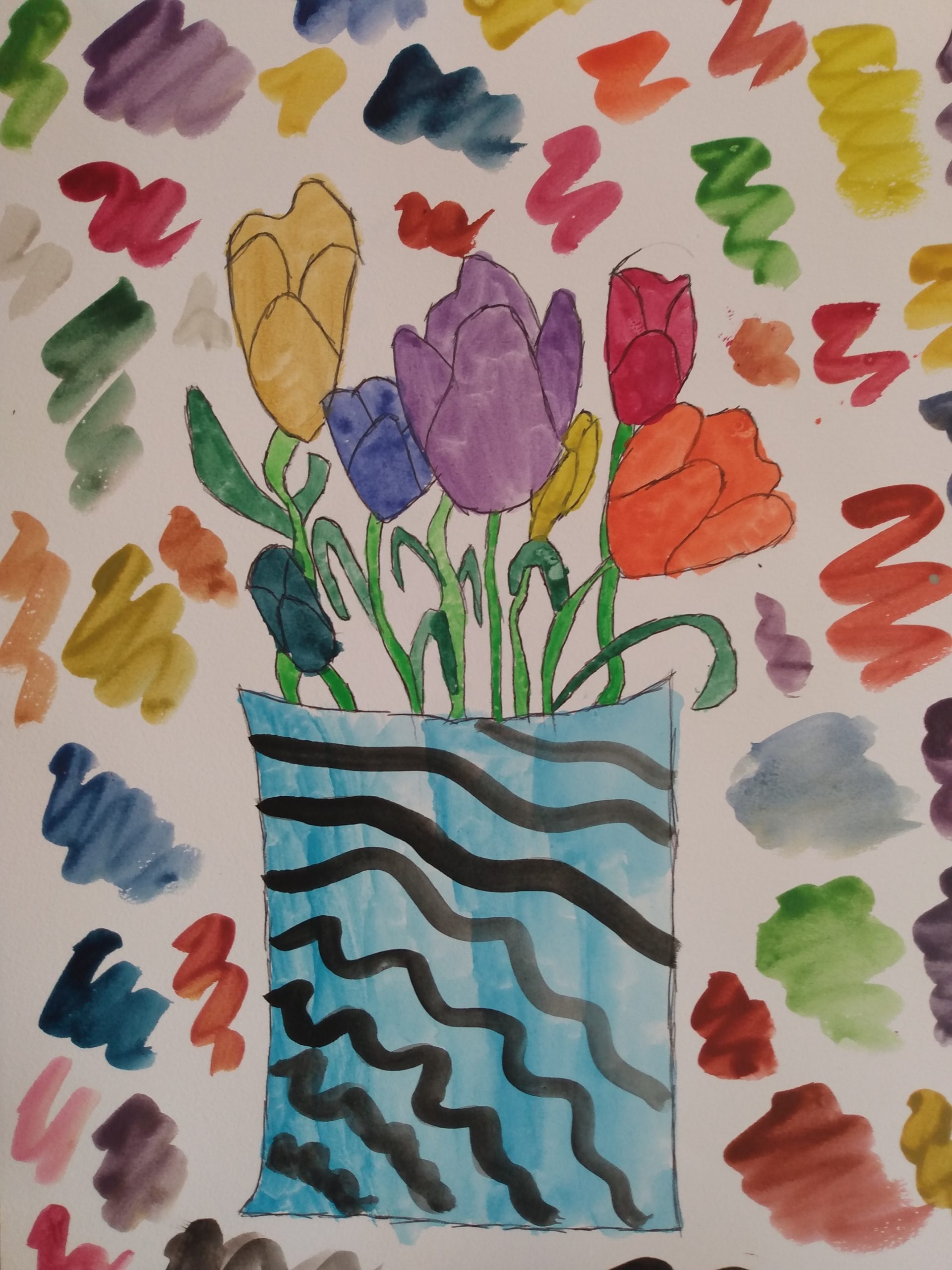 A drawing of 7 flowers in a square vase. The flowers (from left to right) are coloured turquoise, dark yellow, dark blue, purple, light yellow, burgundy and orange. They each have green stems which are sprouting from a blue vase with black stripes. The white background is populated by many felt-tip squiggles, each a different colour.