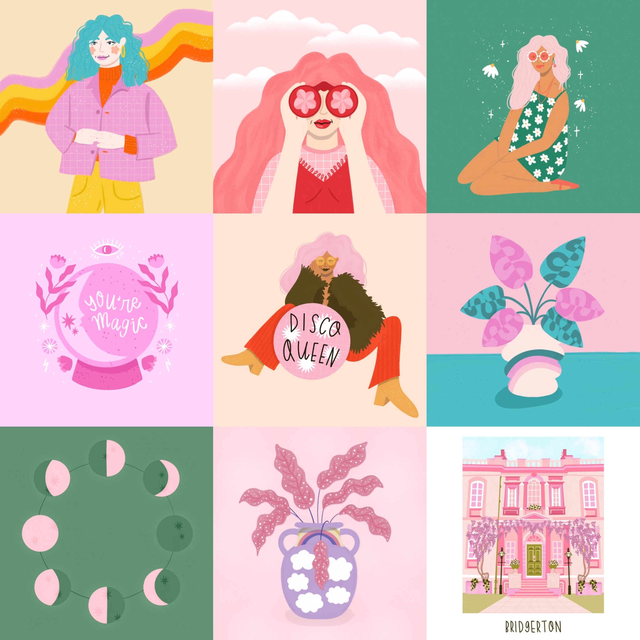 A collage of nine different illustrations. The top three present young women with colourful hair and clothing. The centre image also presents a colourful young woman, this time with a disco ball with the text: 'DISCO QUEEN'. On her left there is a pink image with the text 'you're magic' and on her right there’s an image of a pink and blue plant in a vase. The bottom left image could be an upright necklace consisting of eight beads with varying degrees of pink and green, on a green background. To the right (bottom-centre) is a pink plant in a purple vase which is patterned with white clouds and to the right of this (Bottom-right), there is an image of a pink mansion with a green door and underneath it, some text which reads 'BRIDGERTON'.