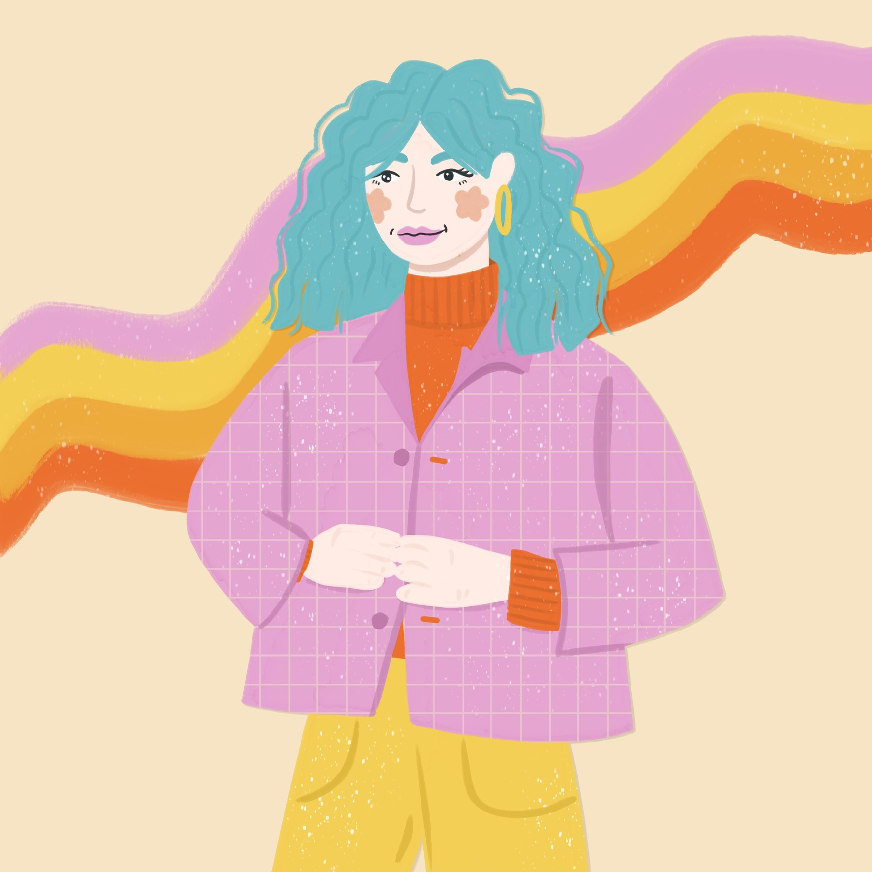 A young woman with blue, wavy hair, red cheeks, pink lips and gold hoop earrings stands upright, looking toward the left-hand side of the image. She is wearing a pink checked jacket over orange polo neck and yellow trousers. In the background, there is a wave of colour spreading diagonally across the image. This is made up of four conjoined brush strokes: dark orange, light orange, yellow and pink. The main background behind this is beige.