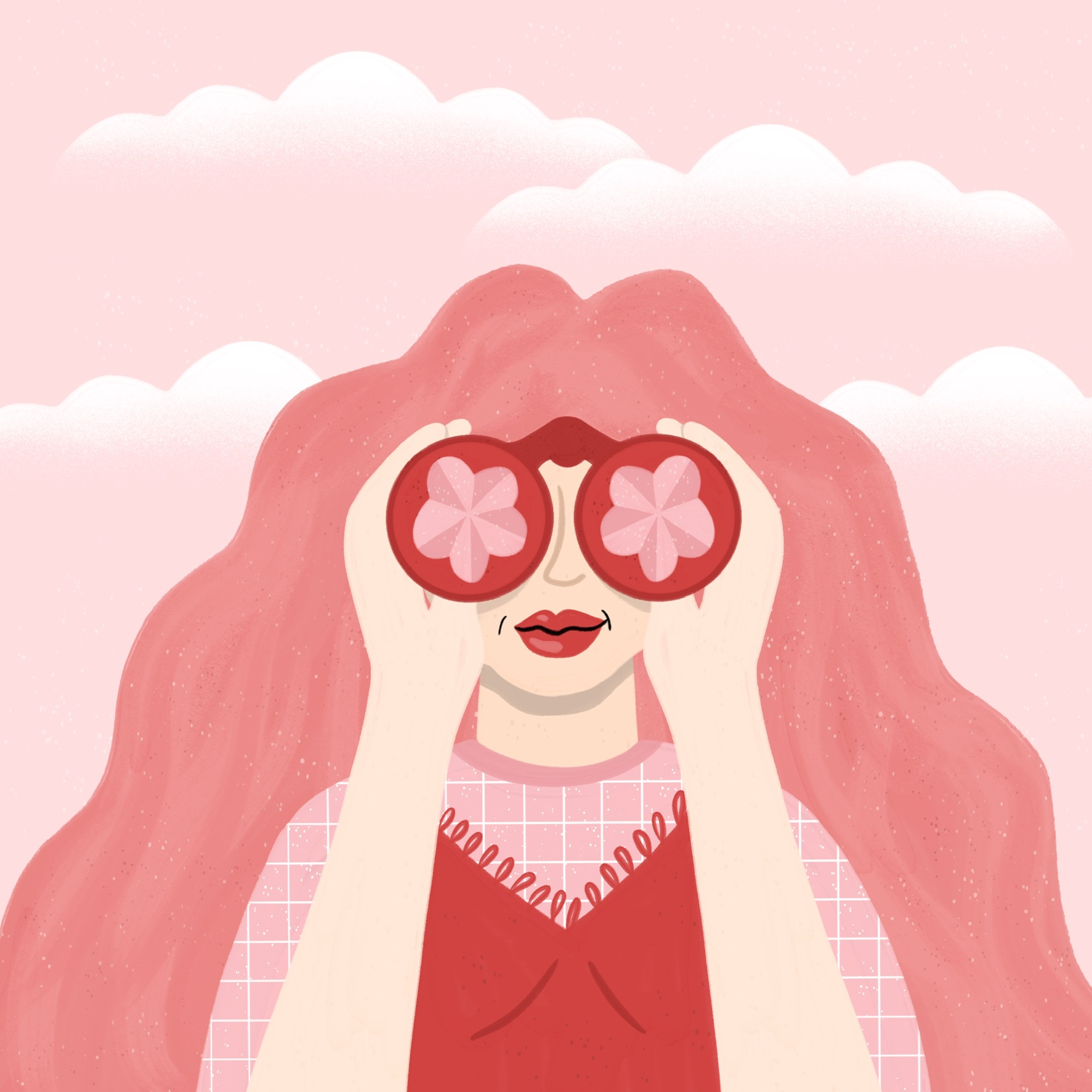 A head and shoulder portrait illustration of a young woman with red lips and long, thick, pink wavy hair, holding up a pair of red binoculars with pink flower-shaped lenses. She is dressed in a red frilly top over a pink checked blouse and is looking straight ahead. The background consists of white fluffy clouds in a pink sky.