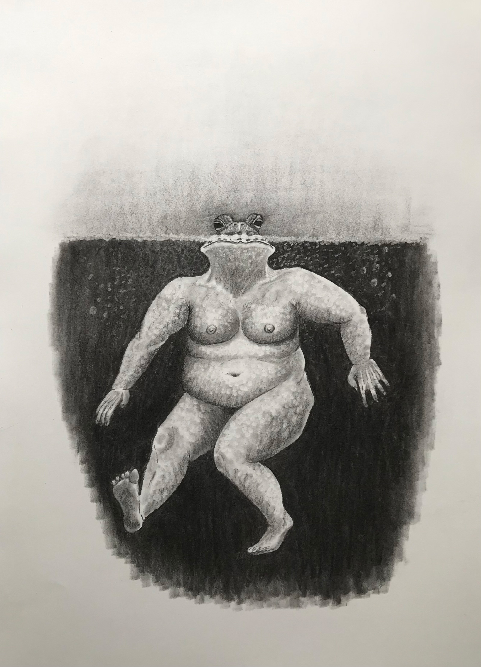 A charcoal drawing of a curvy naked female body but with webbed hands, floats in a bubbly, square of black ink. Above the surface there is a frog’s head with eyes looking straight ahead. The rest of the background is white.