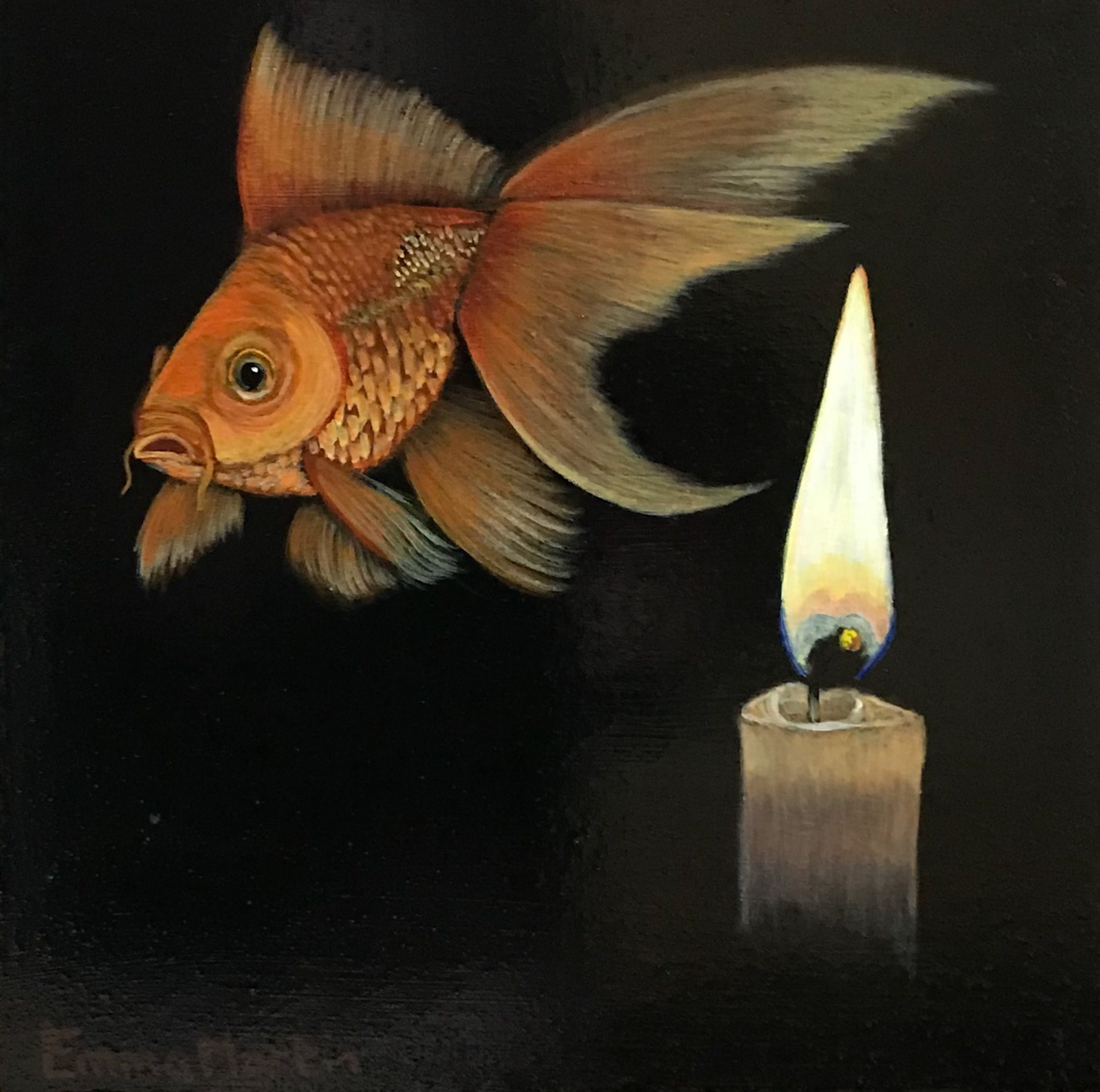 A painting of a goldfish swimming to the left of a stage-right close up, lit candle. The background is plain black and at the bottom left of the image there is faded white writing which reads 'Emma Martin'.