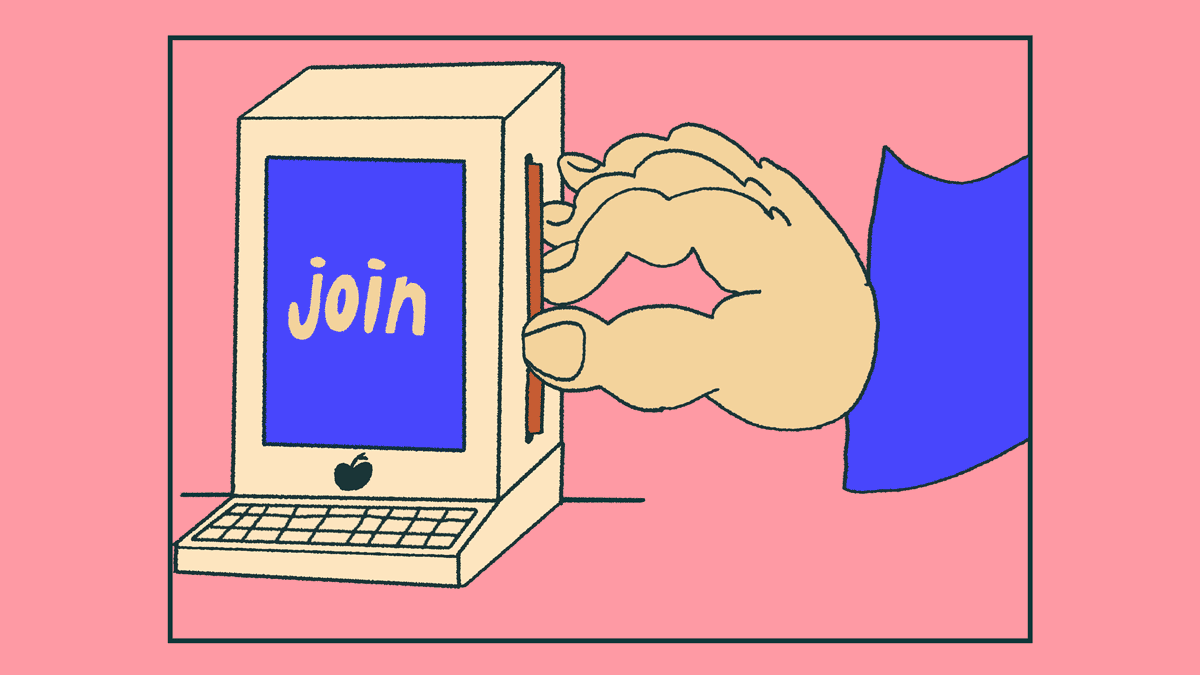 An animation of a hand pulling on the side of a computer to reveal some text. The text swaps between reading the words 'join' and 'our mailing list'.