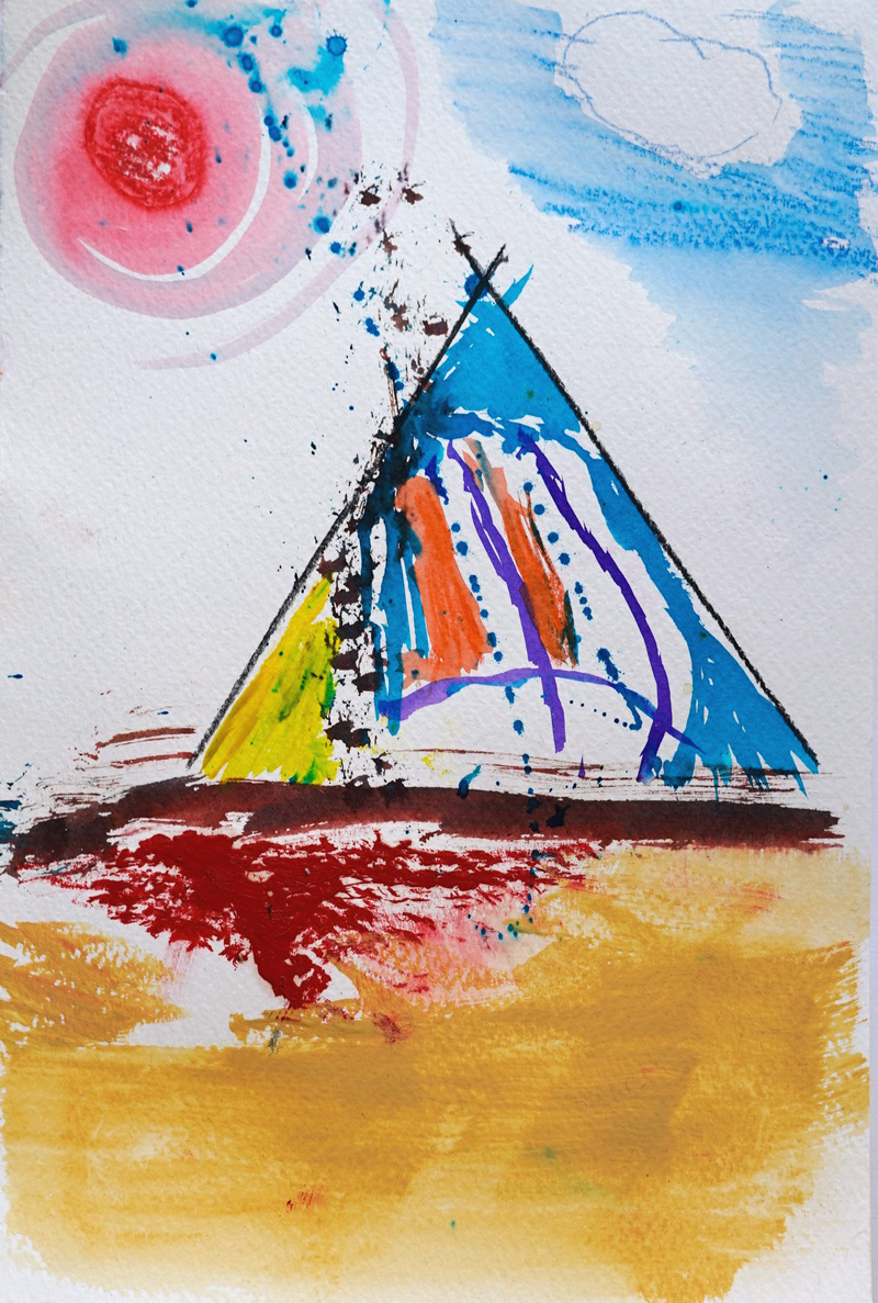 "A colourful painting, featuring a red sunlike object in the sky, above a blue, orange and yellow triangular structure which could be a tent, a boat or a flag. The bottom of the image is a sandy yellow."