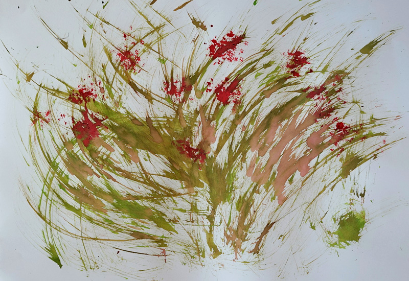 An abstract, whispy landscape painting of a bunch of small red flowers with long green stems. The stems have also been splashed with some light, salmon-pink patches.