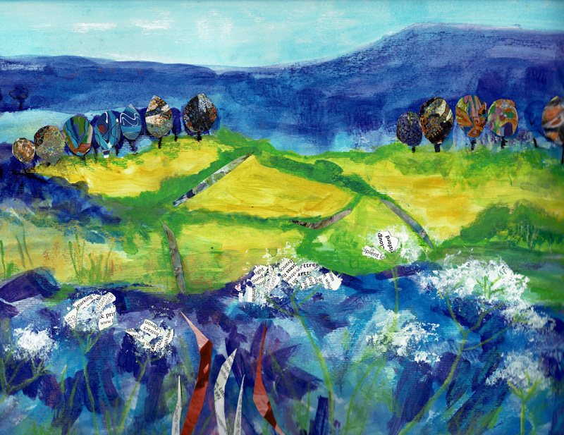 A landscape painting of green hills with rows of colourful, spherical trees marking the island's edge. Surrounding these fields, there is a lively, deep blue seascape including blossom-like plants and seaweed in the foreground. The slither of sky at the top of the scene is light blue.