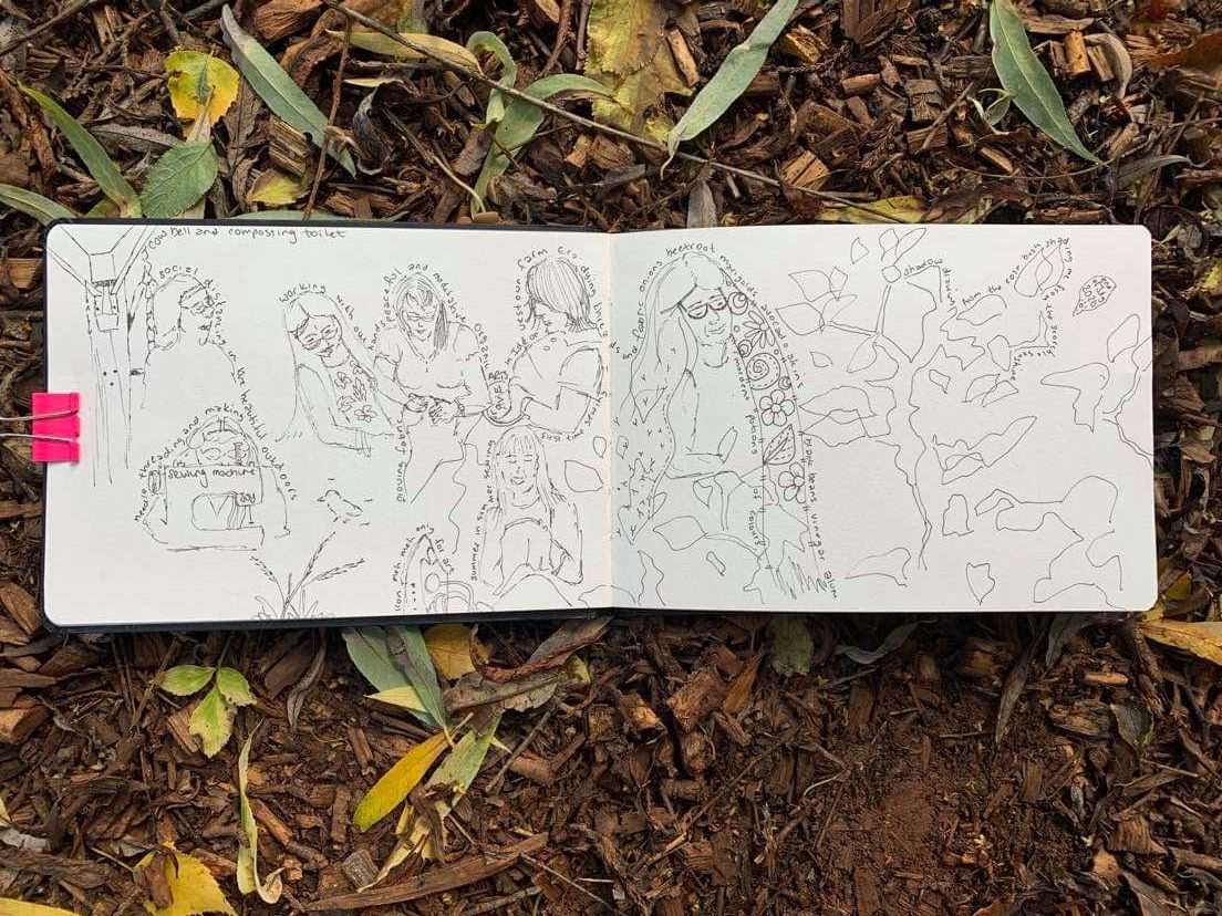 A double page spread notepad presents hand drawn women sewing together from a birds-eye-view. The notepad is lying on a leafy outdoor ground.