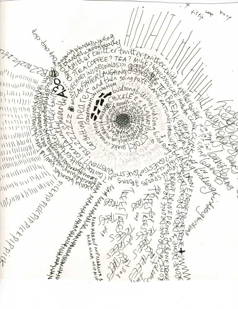 An abstract flower made up of hand drawn text which describes sounds from the indoor world and extends and grows into the outside world. The inside text includes; "LAUGHTER LAUGHING giggle giggle TEA BREAK" and further towards the edges there are words such as "BZZZZZ" and "chirp chirp".