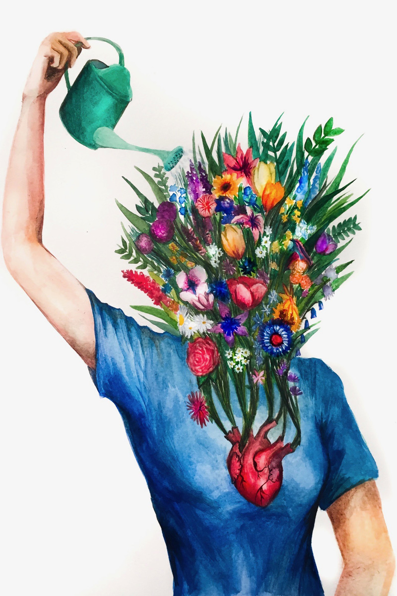 A painting of a human female torso with an external heart and a bunch of flowers in place of her head. With her right hand she is holding up a green watering can which has water trickling onto the flowers.