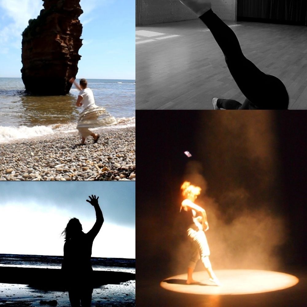 A collage of four different photographs showing different forms of movement and dance. Two are outside on a beach, one is inside a studio and the other shows the performer on a smoky stage.