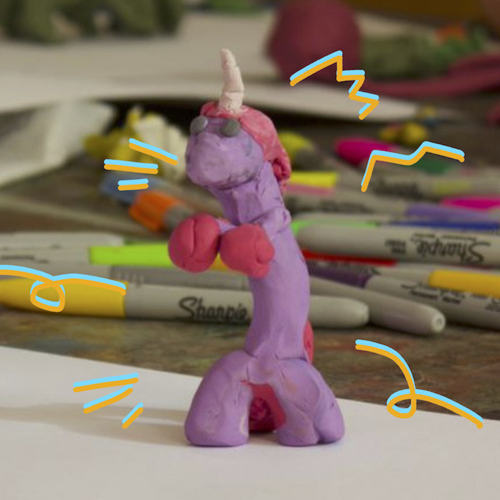 An edited image of a plasticine Unicorn model, with illustrated squiggles drawn around the figure