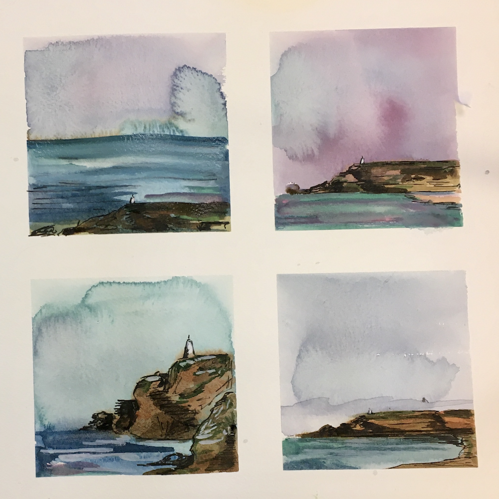 A sheet of paper with four separate water colour paintings, painted in pastel pinks and blues of coastal views