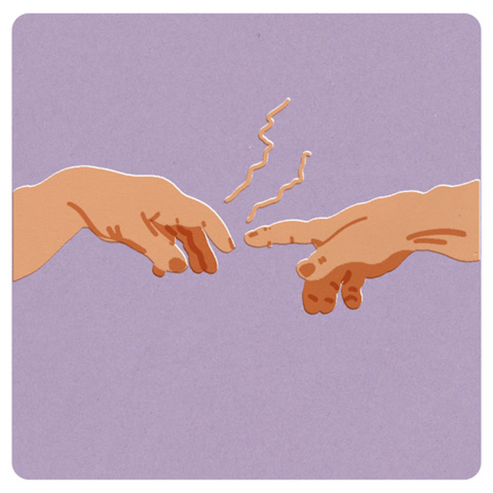 An illustration of the Michelangelo painting 'The Creation of Adam.' Two hands reach out to one another. The background colour is purple