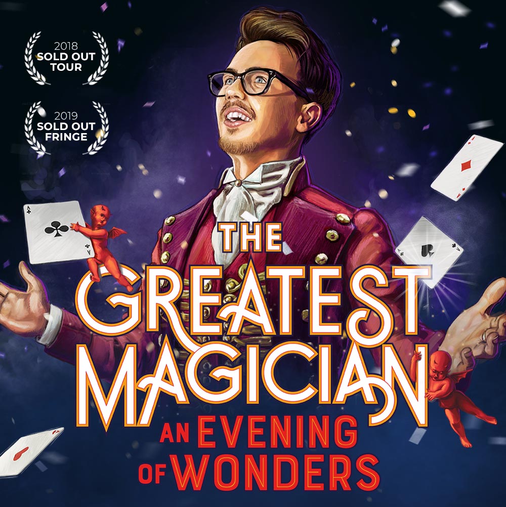 Male magician in a red coat surrounded by flying cards, with text that reads 'The Greatest Magician An Evening of Wonders'