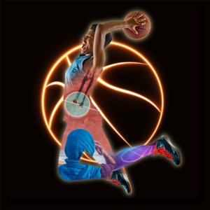 A basketball player jumping mid air