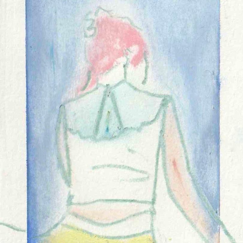 A pencil and watercolour drawing of the back of a girl sat down