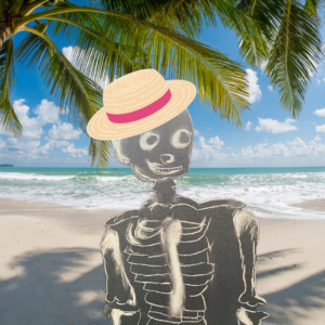 A skeleton drawn in chalk, collaged onto a beach and wearing a sunhat