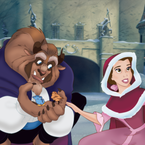 The Beast holding two small birds in his hands, next to Belle who's holding his arm