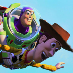 Buzz Lightyear holding Andy as they fly