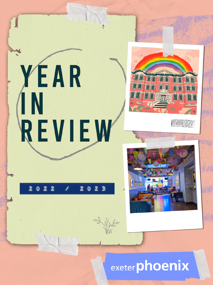 'Year in Review' graphic with polaroid frames and photos of Exeter Phoenix