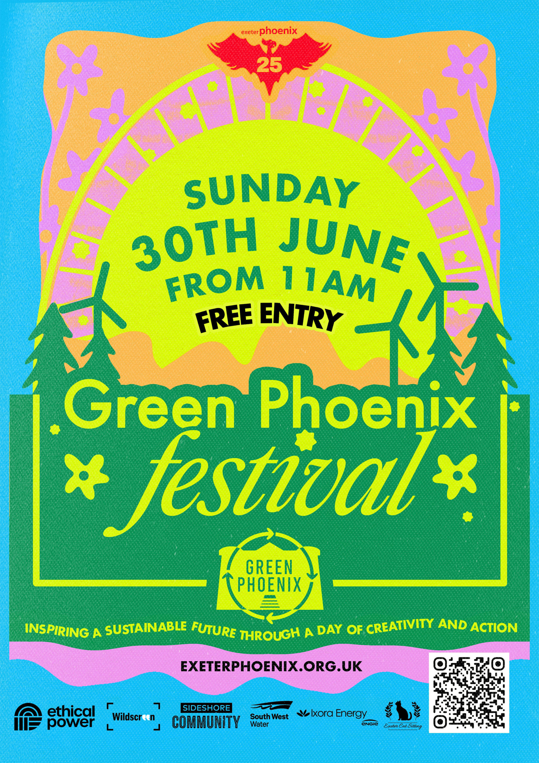 Green Phoenix Poster featuring windmills, trees and flowers