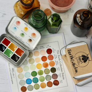 A palette of handmade pigments and a test swatch of the colours