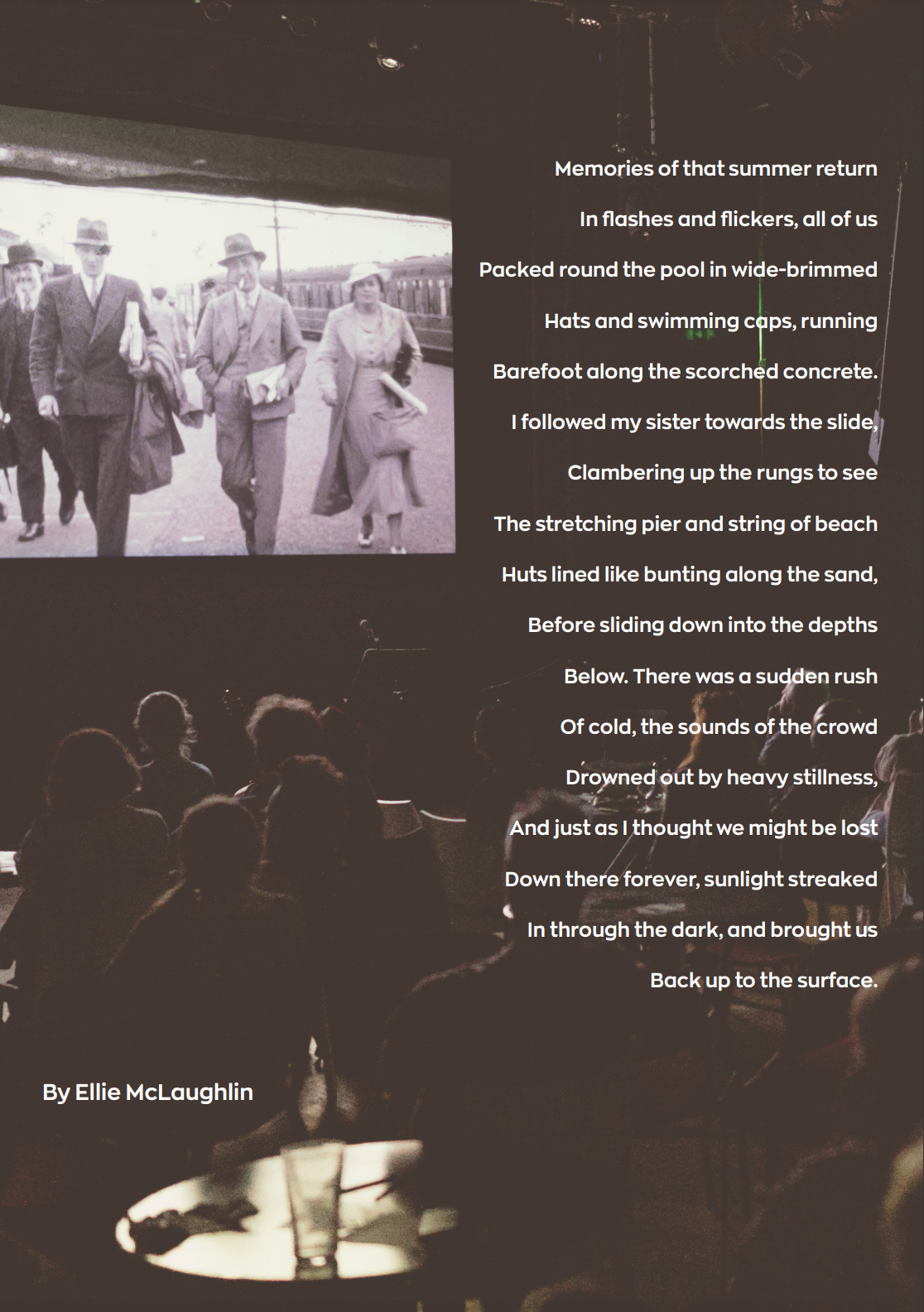 A poem by Ellie McLaughlin, on top of a photo of the archive screening