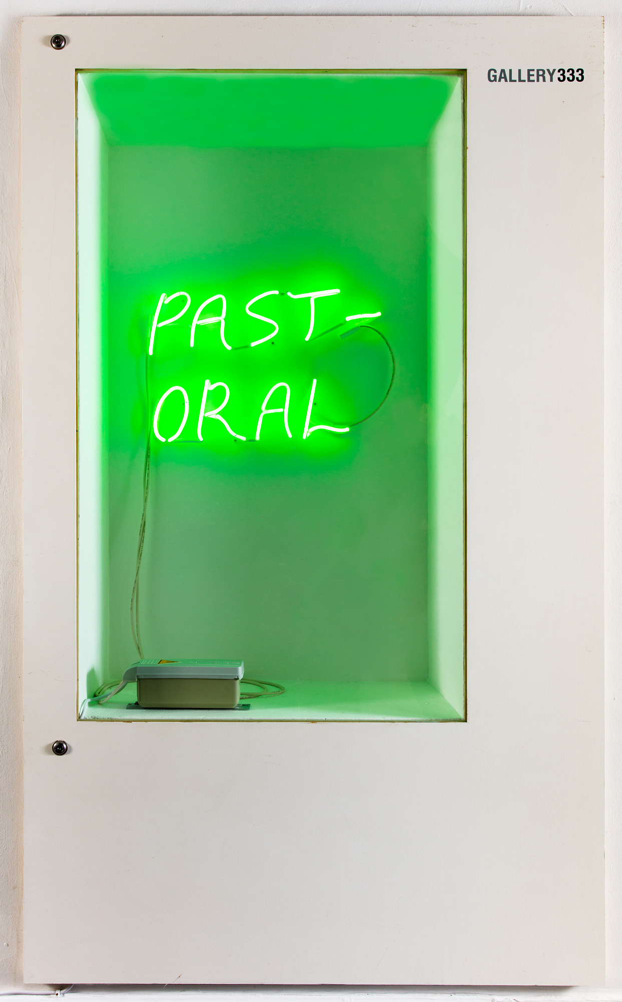 A previous Gallery 333 installation which is a green neon sign saying 'past-oral'