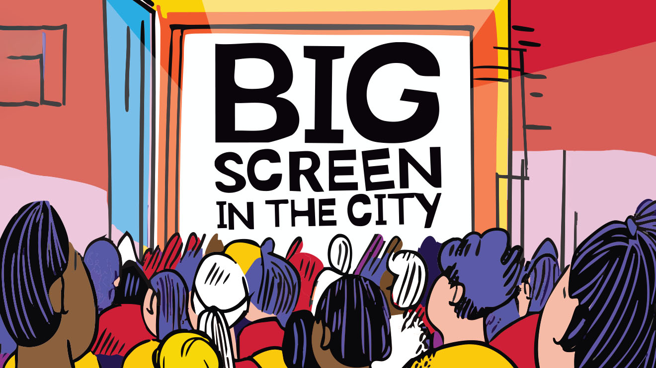 BSITC 1320 x 742 An illustration of 'Big Screen in the City' on an outdoor cinema screen, with a crowd of people looking at it