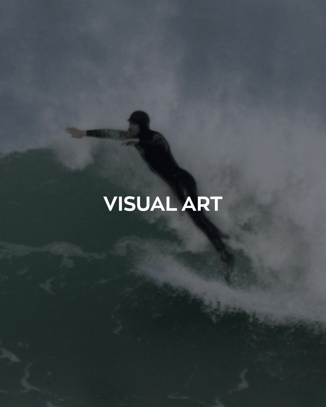 The words 'visual art' over an image of a person surfing.