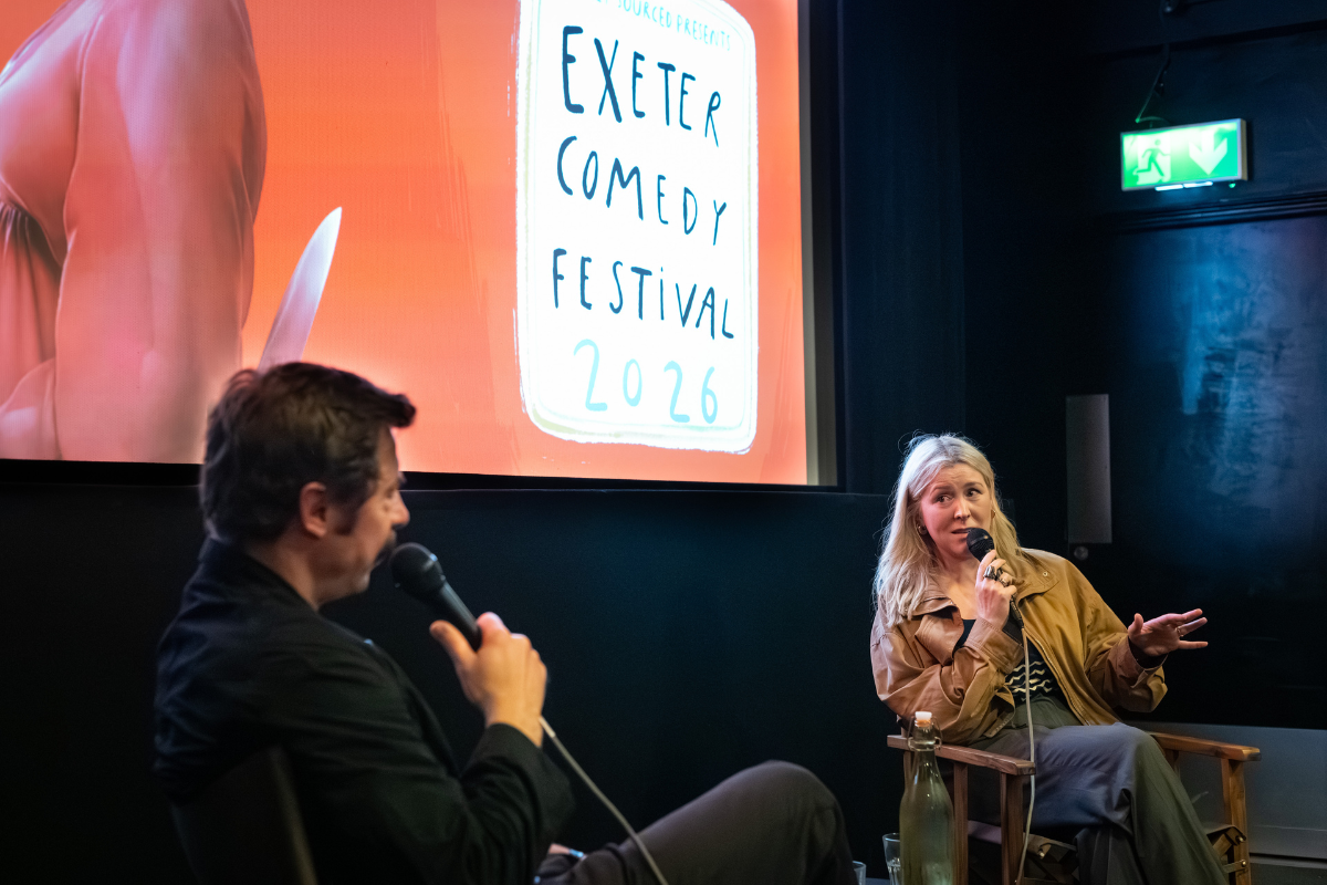 Prevenge2 Alice Lowe and Mike Wozniak talking into microphones.
