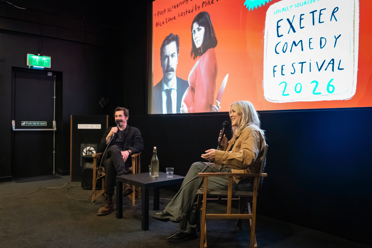 Prevenge3 Alice Lowe and Mike Wozniak sat in directors' chairs delivering a Q&A