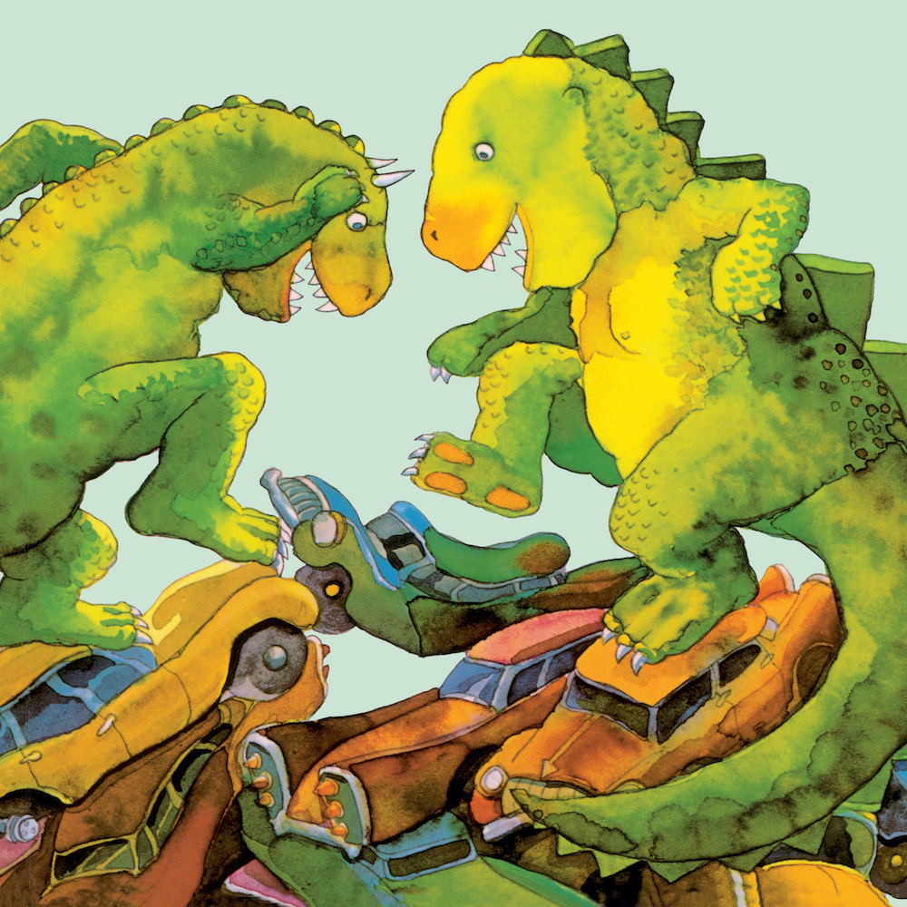An illustration of two dinosaurs stamping on a pile of cars