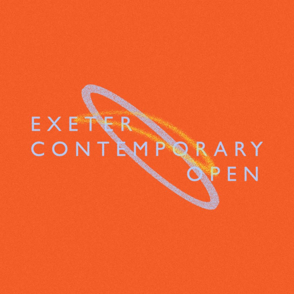 The words Exeter Contemporary Open against an orange background with a ring in the middle