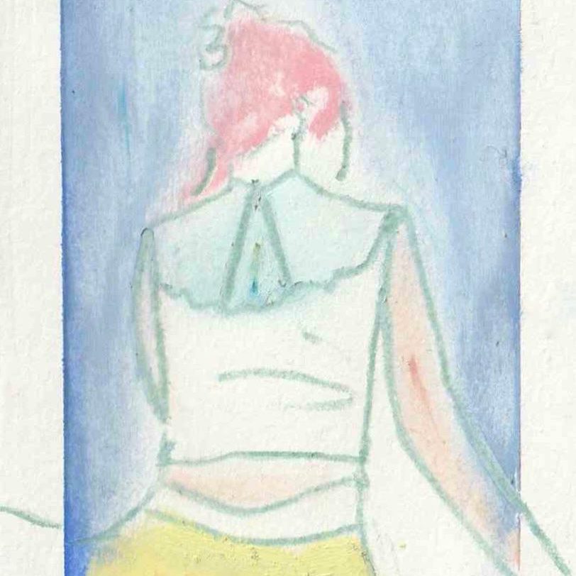 A pencil and watercolour drawing of the back of a girl sat down